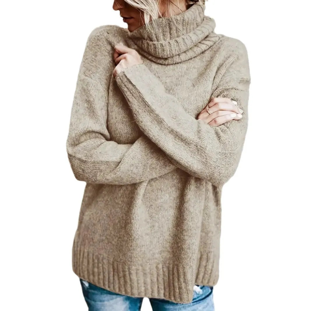 Plus size women's khaki turtleneck long sleeve sweater pullover with drop shoulders