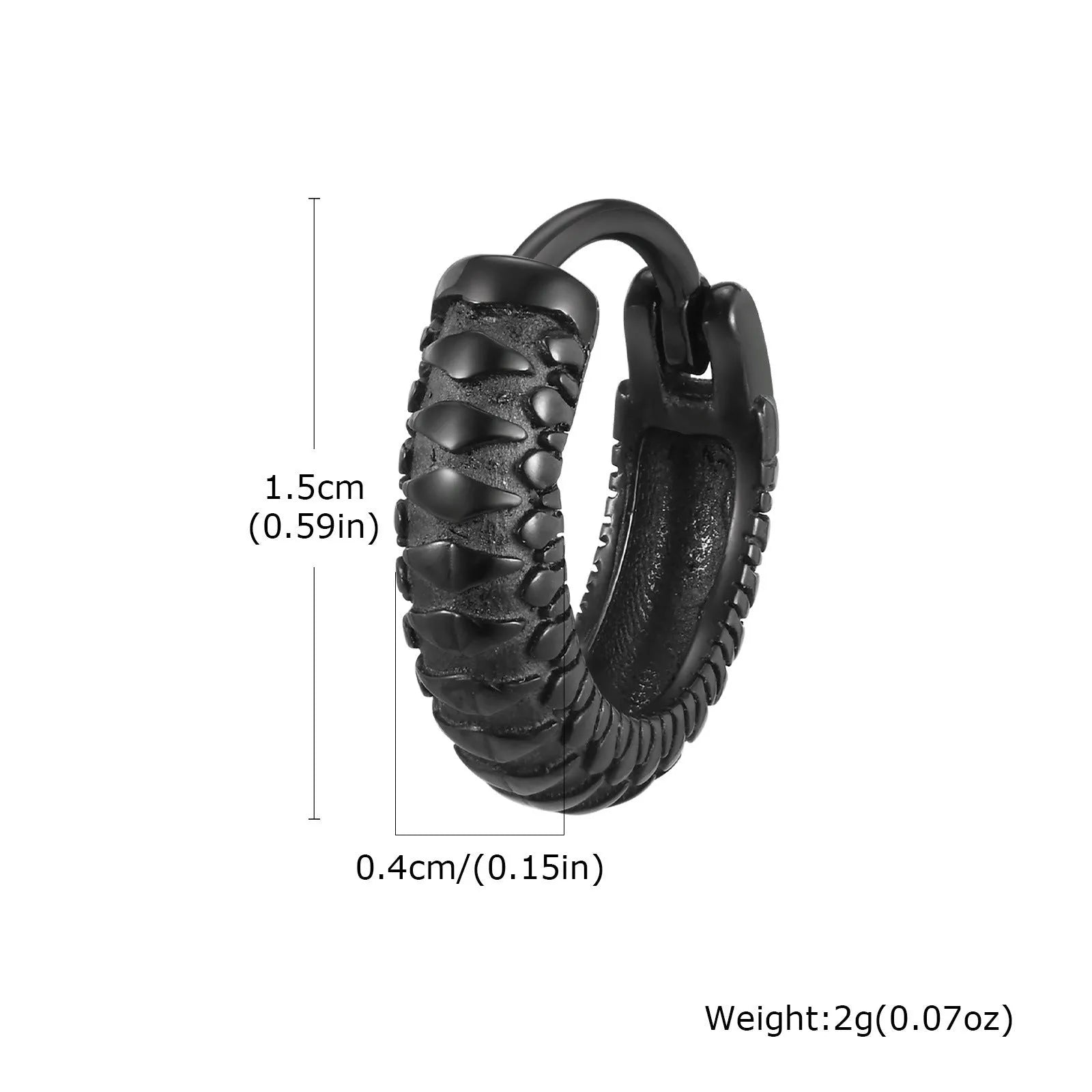 A pair of stainless steel hip hop ear rings with a snake pattern design in a black finish.