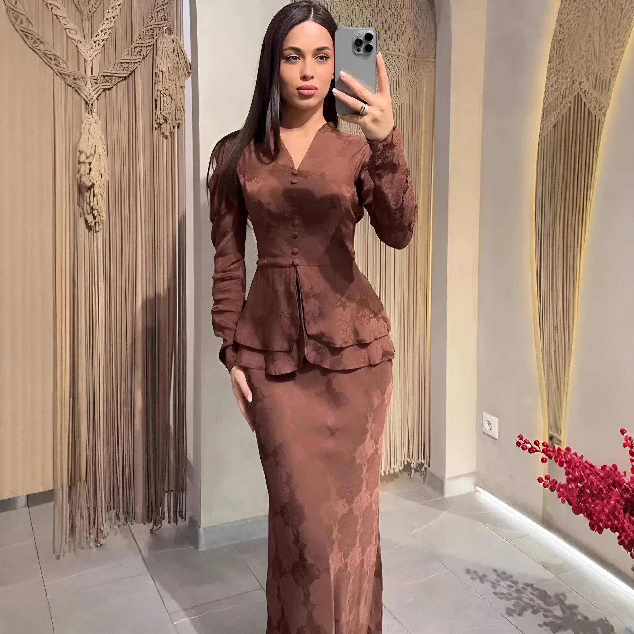 Dark brown retro artistic long sleeve dress with plant pattern and button details
