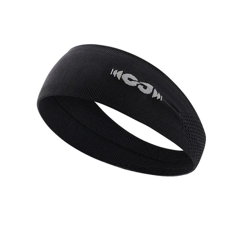 Seamless knitted unisex exercise hair band in black, shown worn during activity.