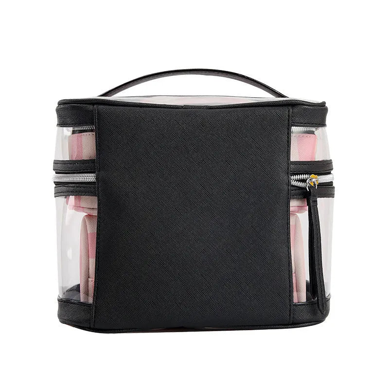 Pink and white bold stripe floral pattern retro-style waterproof synthetic leather makeup buggy bag.