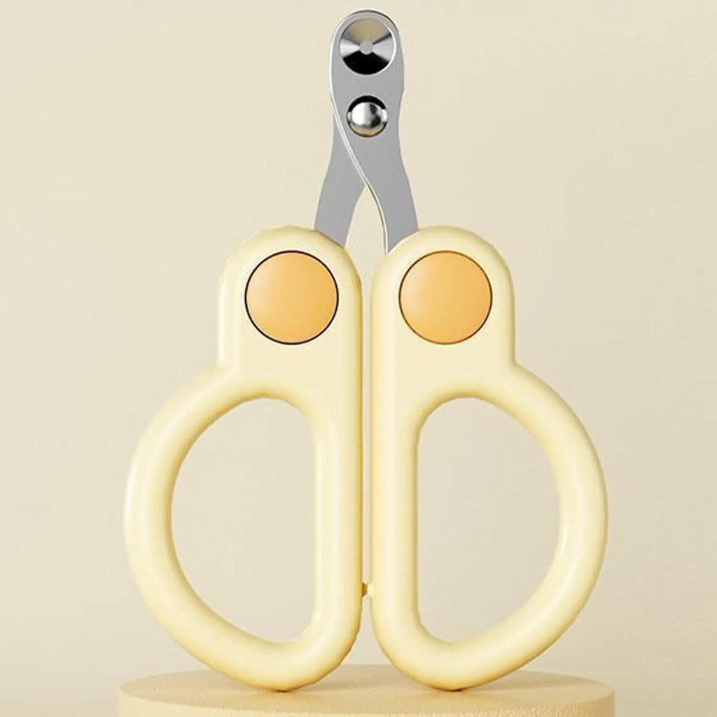 Pet nail clippers with round hole design, stainless steel blades, and ergonomic handles. Available in green or yellow.