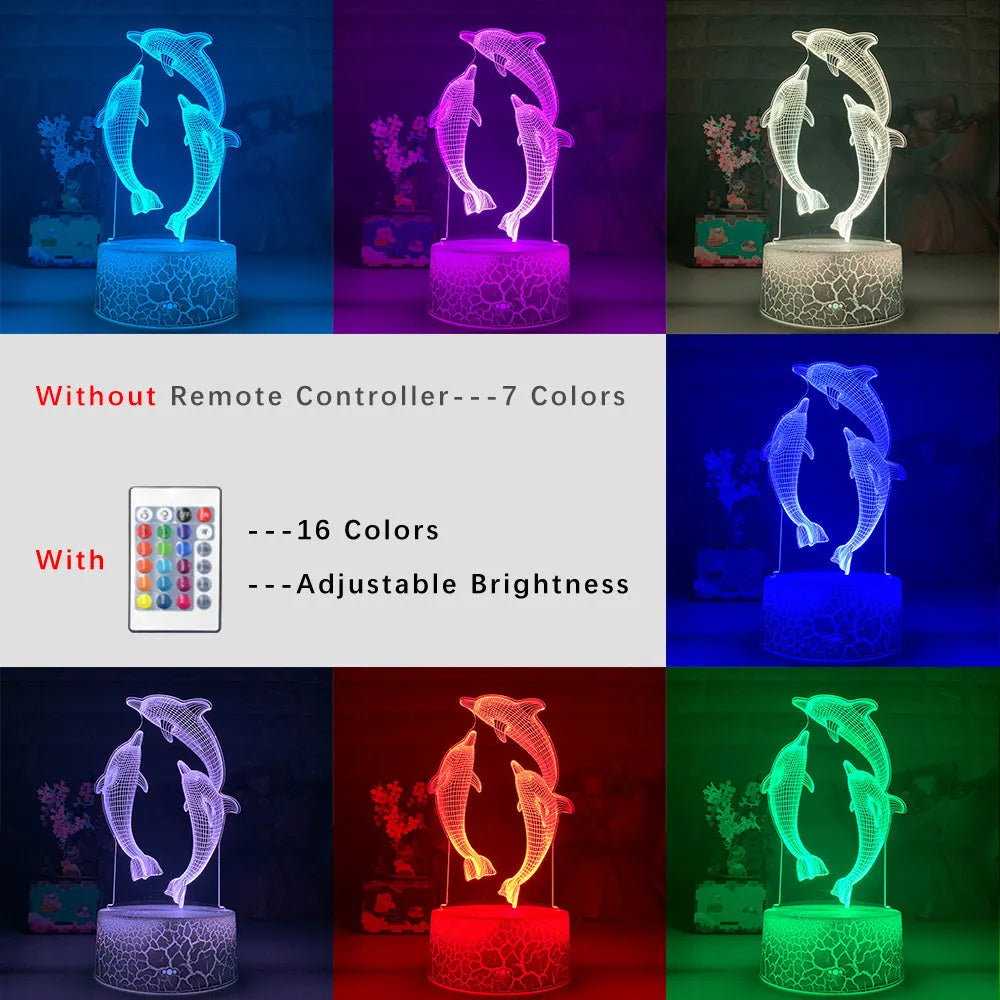 3D LED night light dolphin shape black crackle touch remote control USB powered