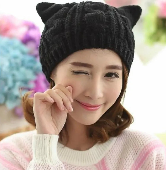 Hand-made knitted beanie with 3D cat ears in multiple colour options
