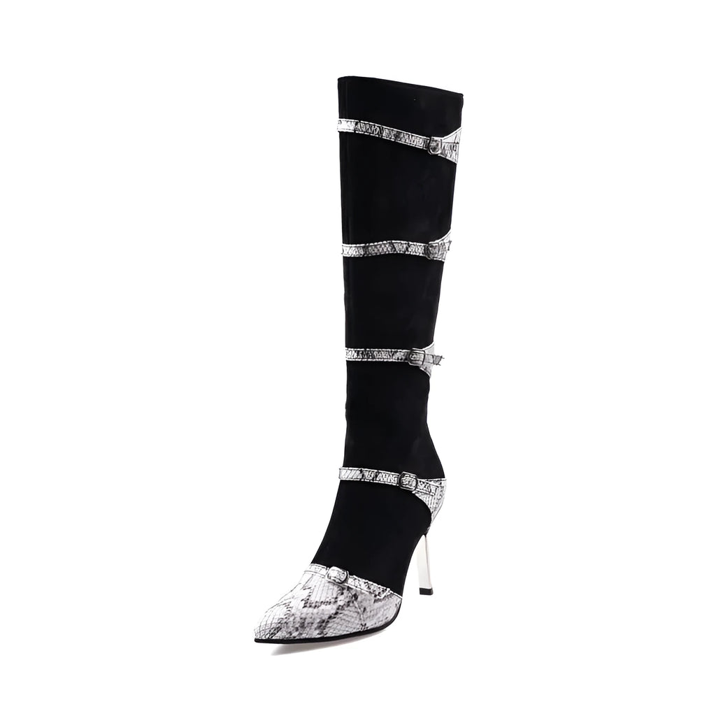 Grey and black women's knee-high boots with a high heel and velvet lining.