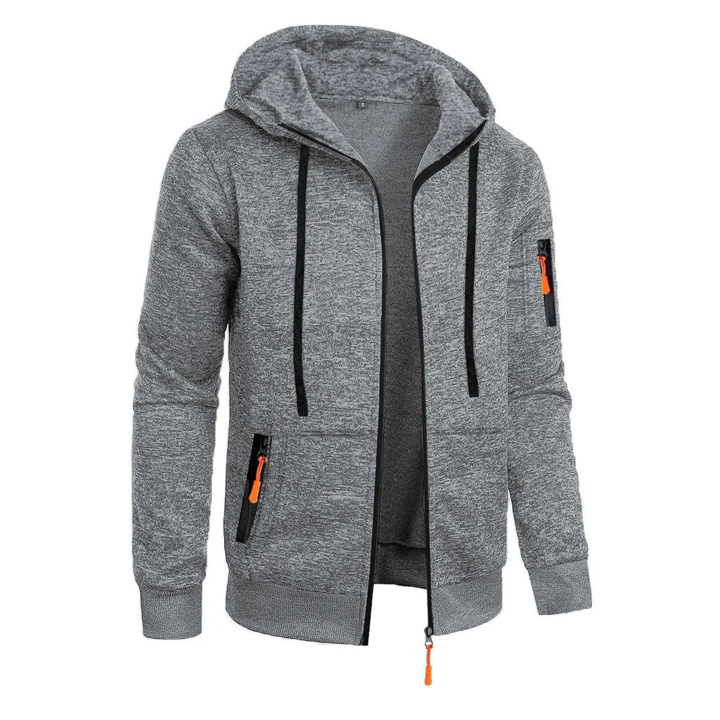 Men's hooded cardigan sweater in solid colour polyester jacquard knit, loose fit, long sleeve, sizes S to 3XL, five colours.