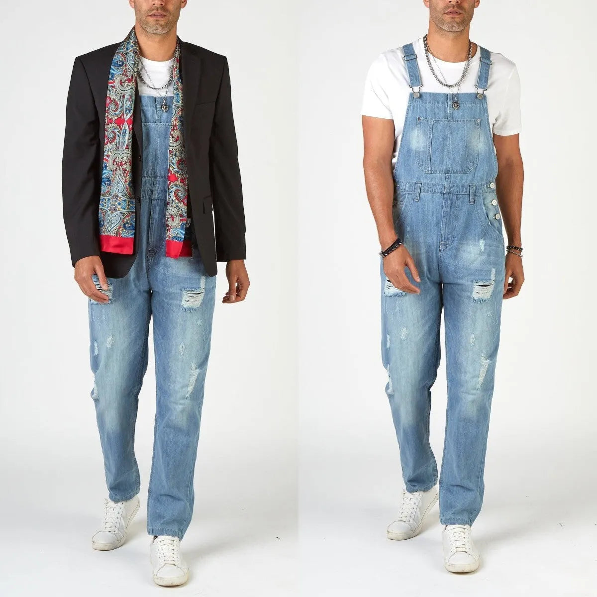 Men's light blue denim suspender pants with high waist and straight leg retro styling