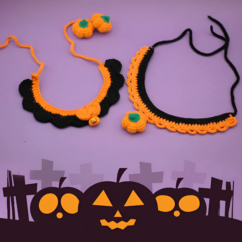Hand crocheted wool Halloween pet collar in pumpkin colours with adjustable sizing