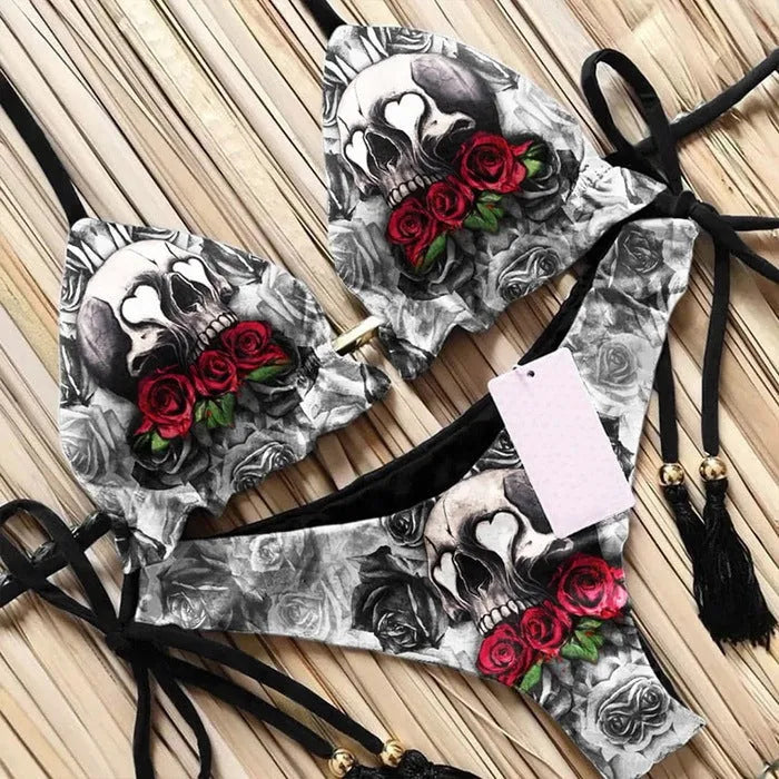 3D printed lace up bikini set for summer with graphic customisation, sleeveless top and pants in colour BAD82