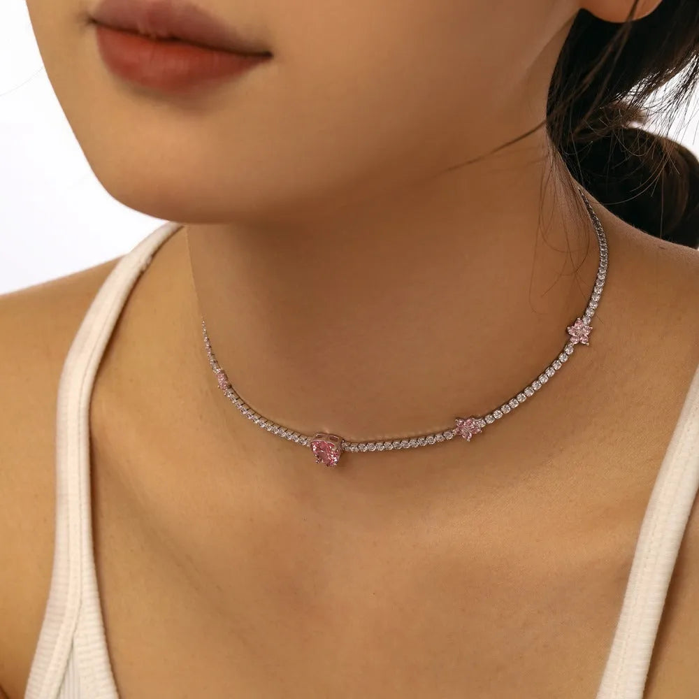 925 sterling silver tennis necklace with heart-shaped pendant for women, electroplated finish