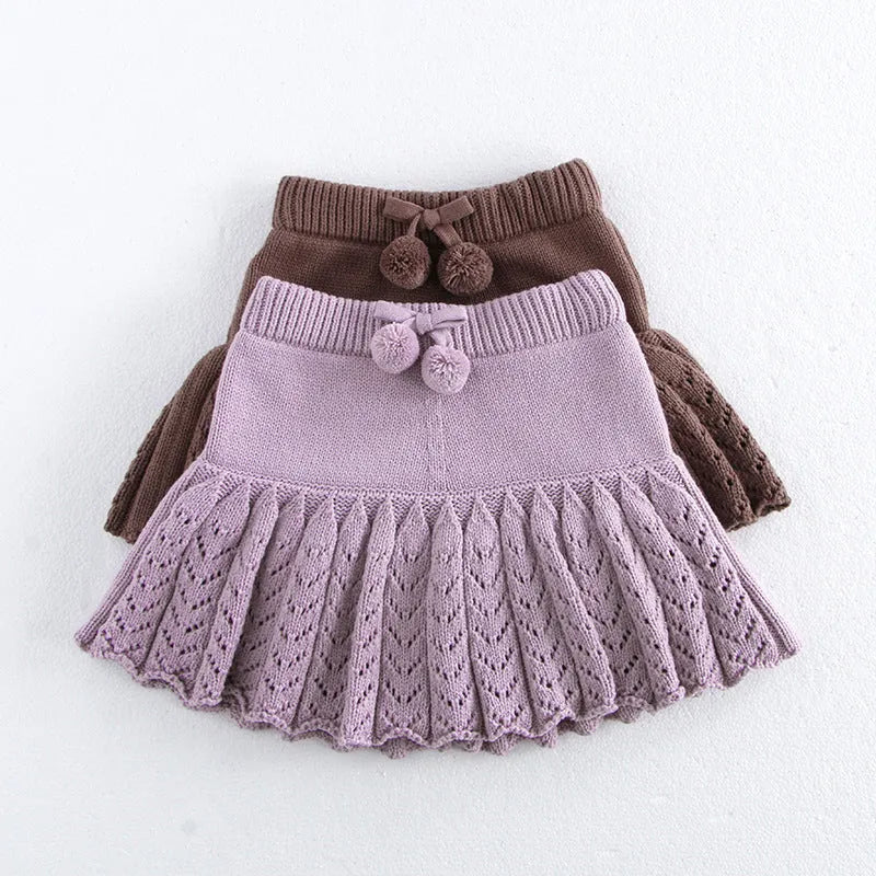 Girls' cotton pleated pantskirt in light grey purple, patterned coffee, or rust red, sizes 70cm to 110cm