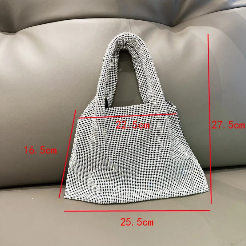 Silver rhinestone handbag with cotton thread body and open outer pocket for dinner and party use