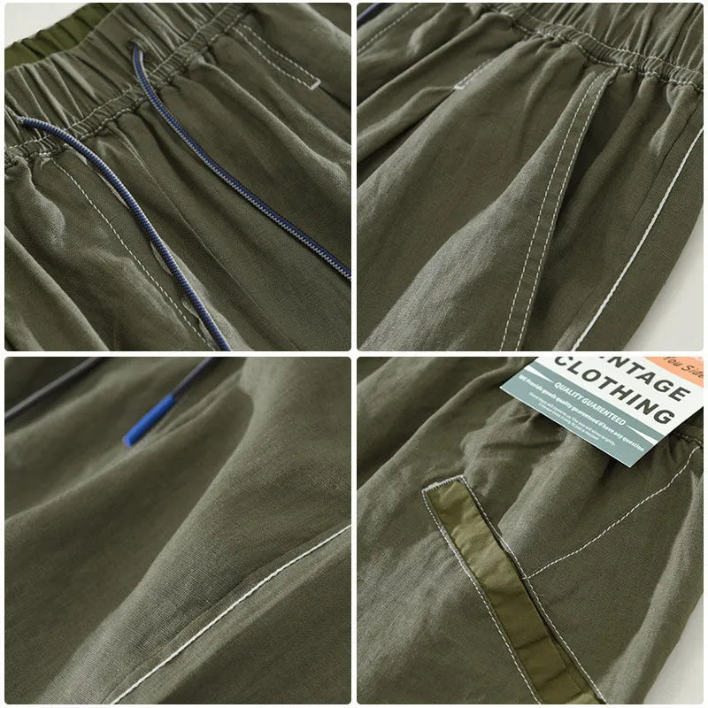 Men's loose straight linen shorts, mid waist drawstring, green or black, summer daily wear