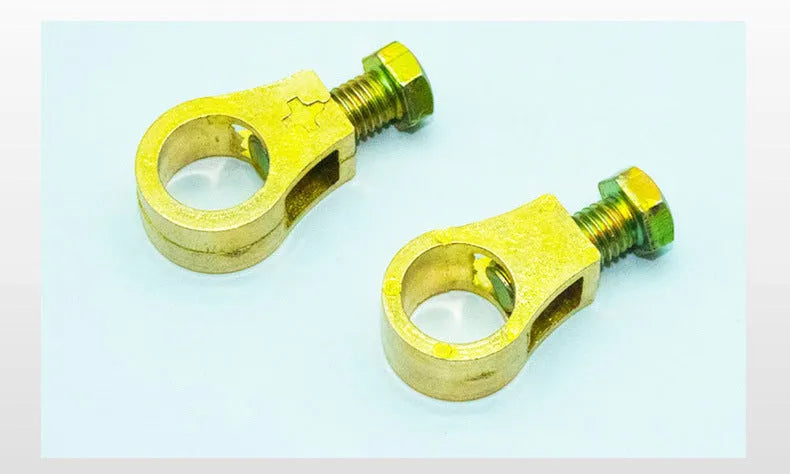 Pure copper automotive battery clamp with patented clip for terminal connection.