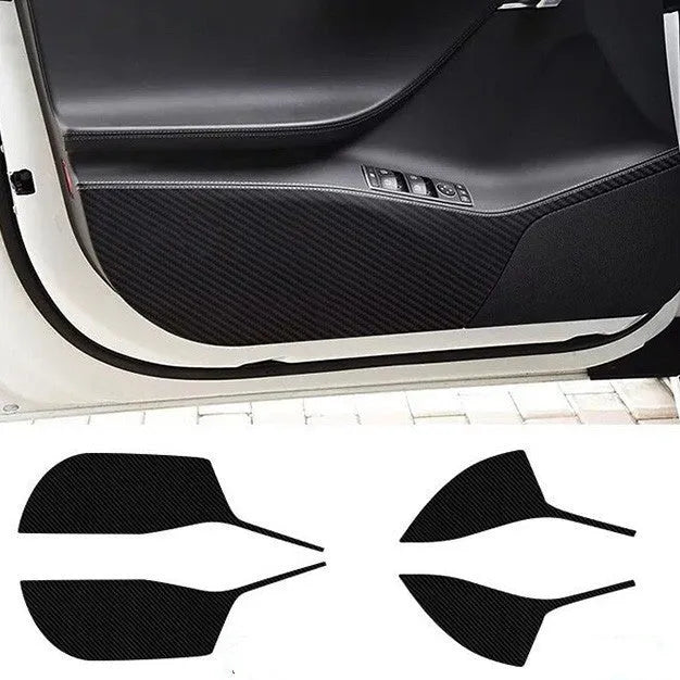 Four-piece clear protective film kit for Tesla Model S car door control panels.