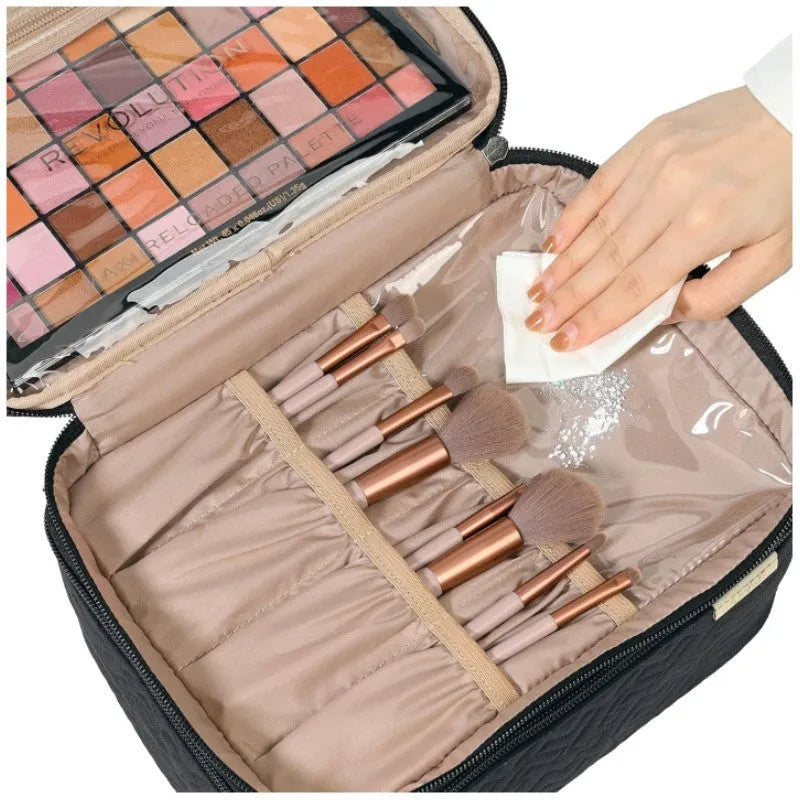 Portable double layer cosmetics bag in peach fabric leather with polyester lining, shown in black or pink