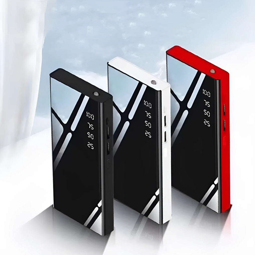 Black 20000mAh portable power bank with LCD display showing battery percentage and dual USB ports