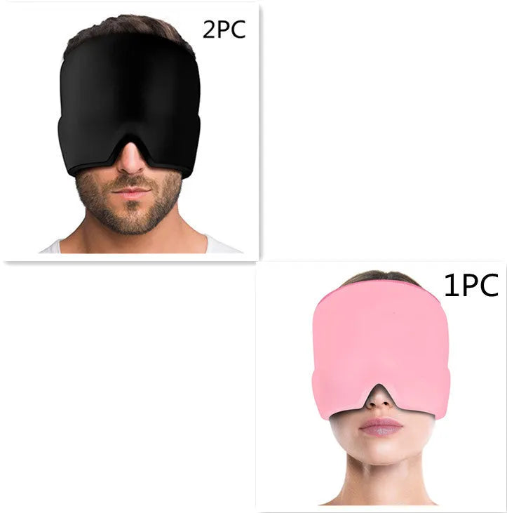 Black elastic ice gel headache relief eye mask shown on a mannequin head, adjustable for 42-66cm circumference.