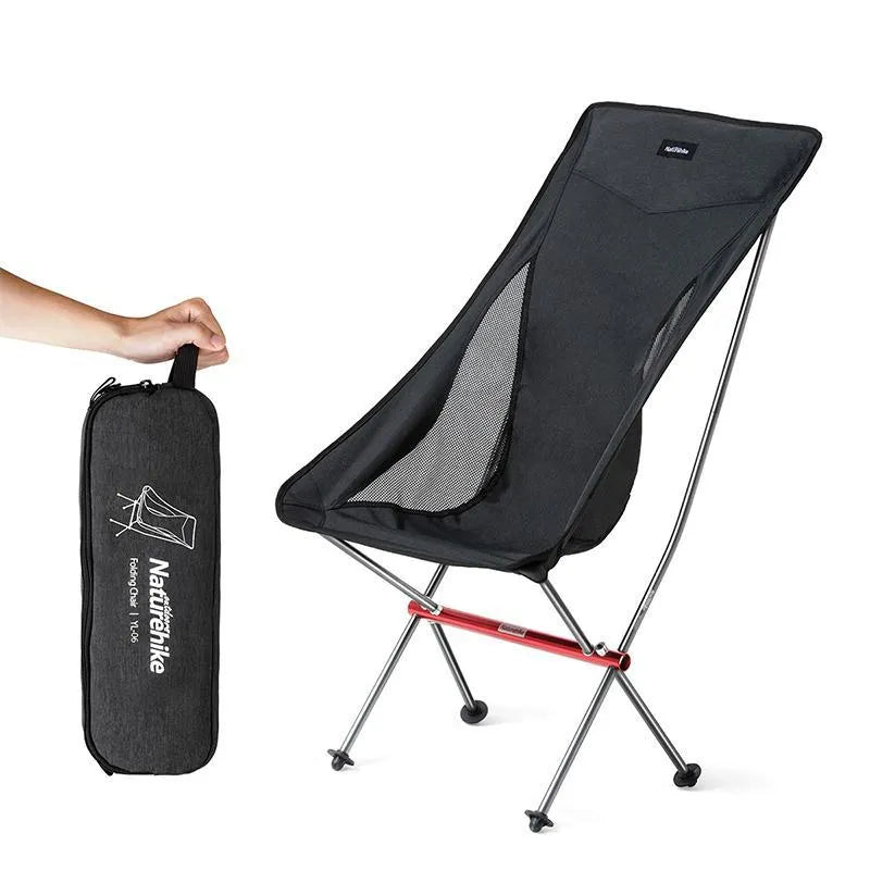 Portable ultralight camping chair in black with aluminium alloy frame folded