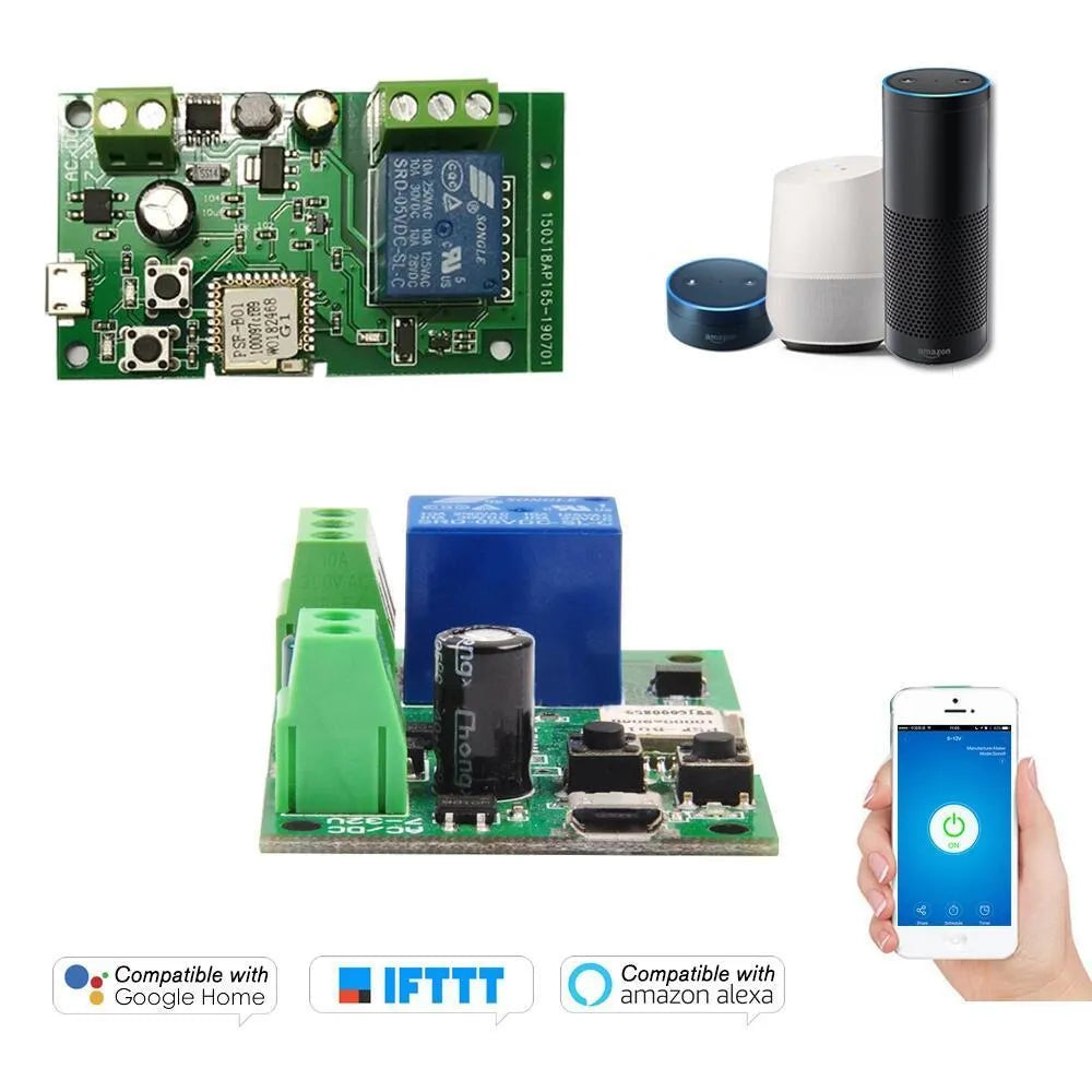 SMG-WF01-7-32V one-channel Wi-Fi relay module with USB port and PCB antenna.