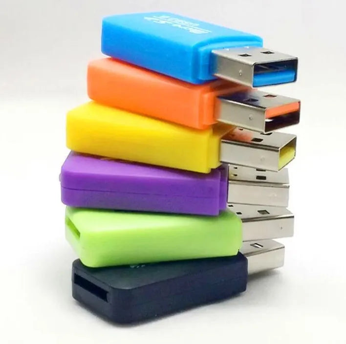 Small white USB card reader for micro SD and SD memory cards on a grey background