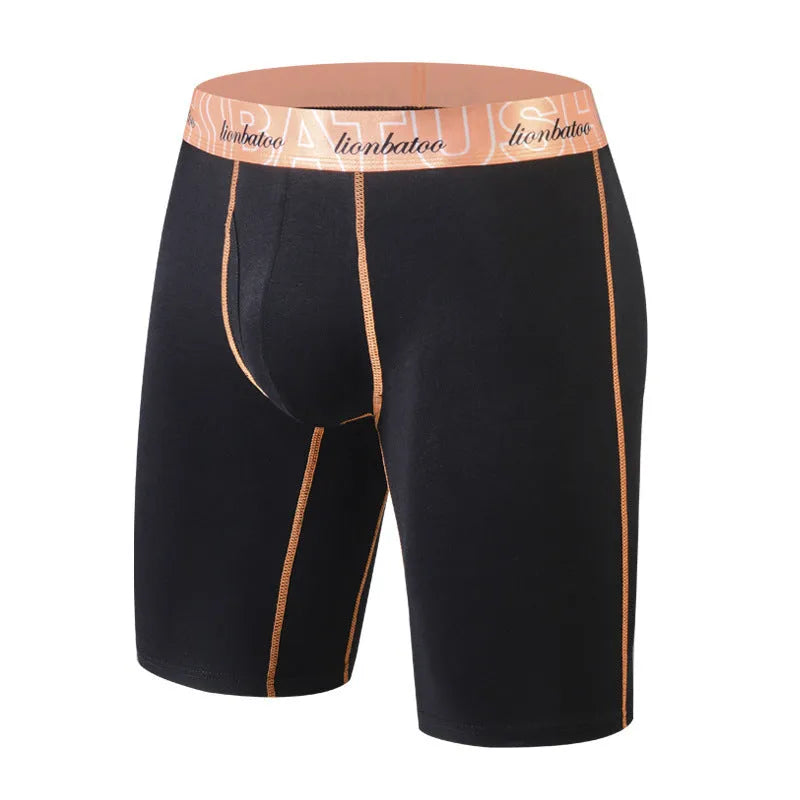 Men's cotton extended leg anti-friction boxers in black, front view