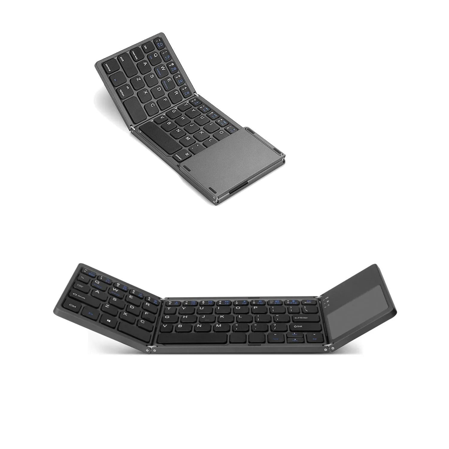 Tri-fold Bluetooth keyboard showing compact folded size next to smartphone for scale