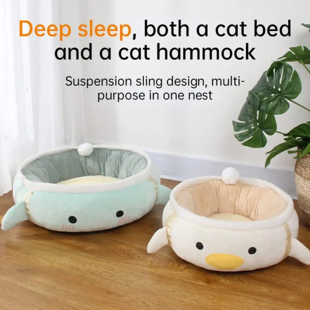 Green dinosaur-shaped cat bed shown both as a flat sofa and hanging as a hammock for a cat.