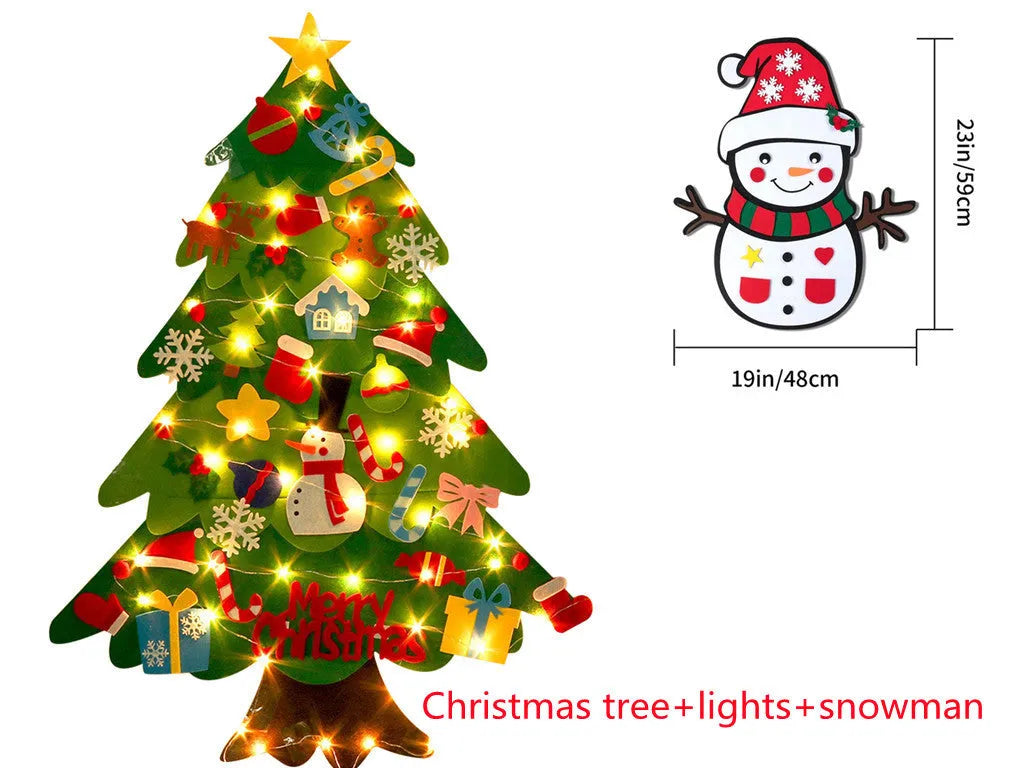 Children's DIY felt Christmas tree with lights green 98cm wall-mounted with snowman decoration