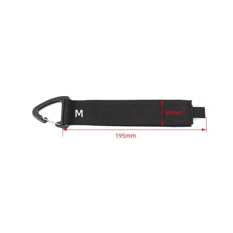 Black heavy-duty storage strap with carabiner hook in three sizes for garage workshop and outdoor use.