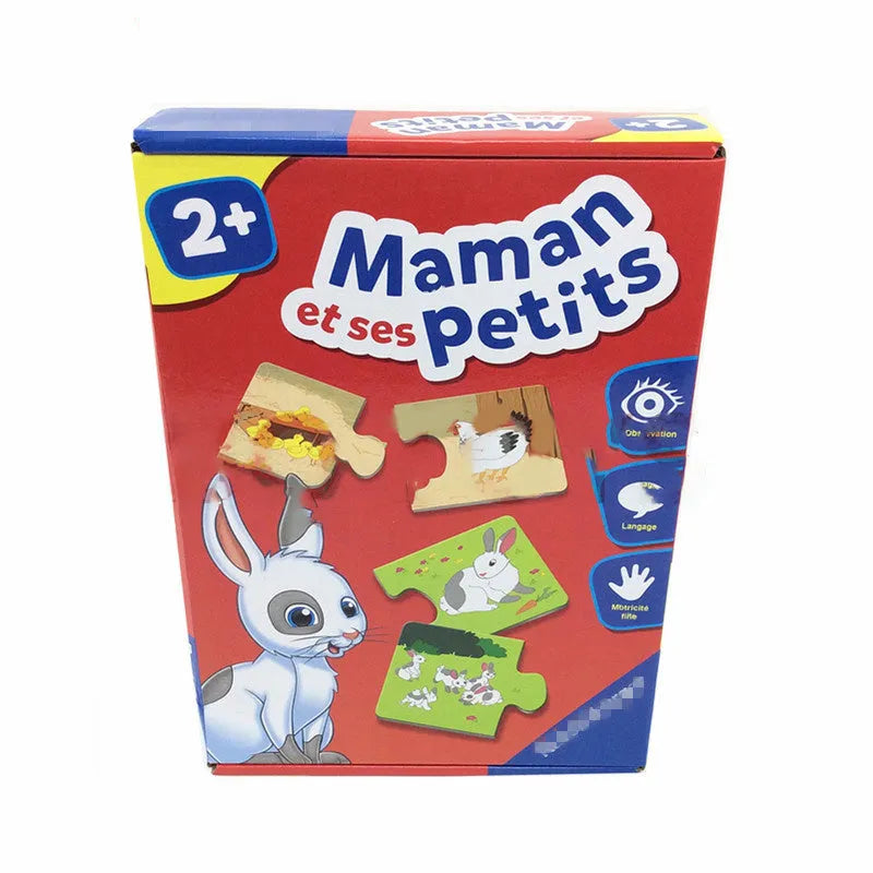 French educational puzzle toy for children with 24 picture and word pieces on a table.