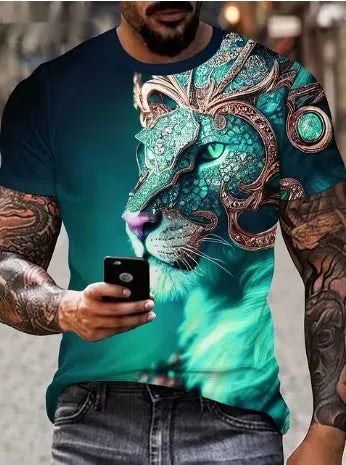 Men's grey T-shirt with a bold red 3D lion print on the chest.