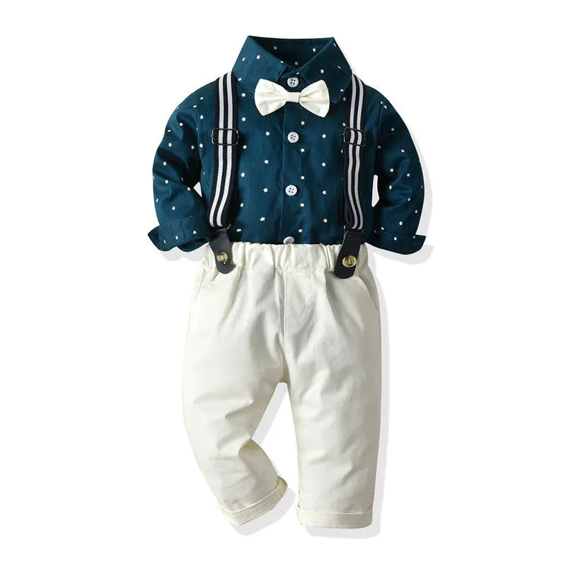Boy's cotton trouser suit set with jacket and trousers in blue, showing front view