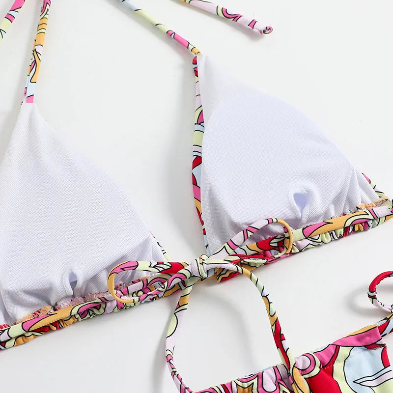 Women's multicolour triangle print bikini with hanging neck design and separate bottoms