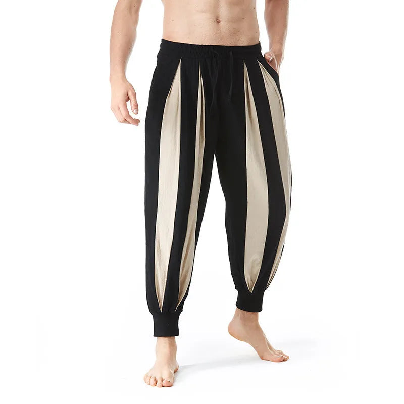 Men's straight-leg casual trousers in four colour options showing front and back views