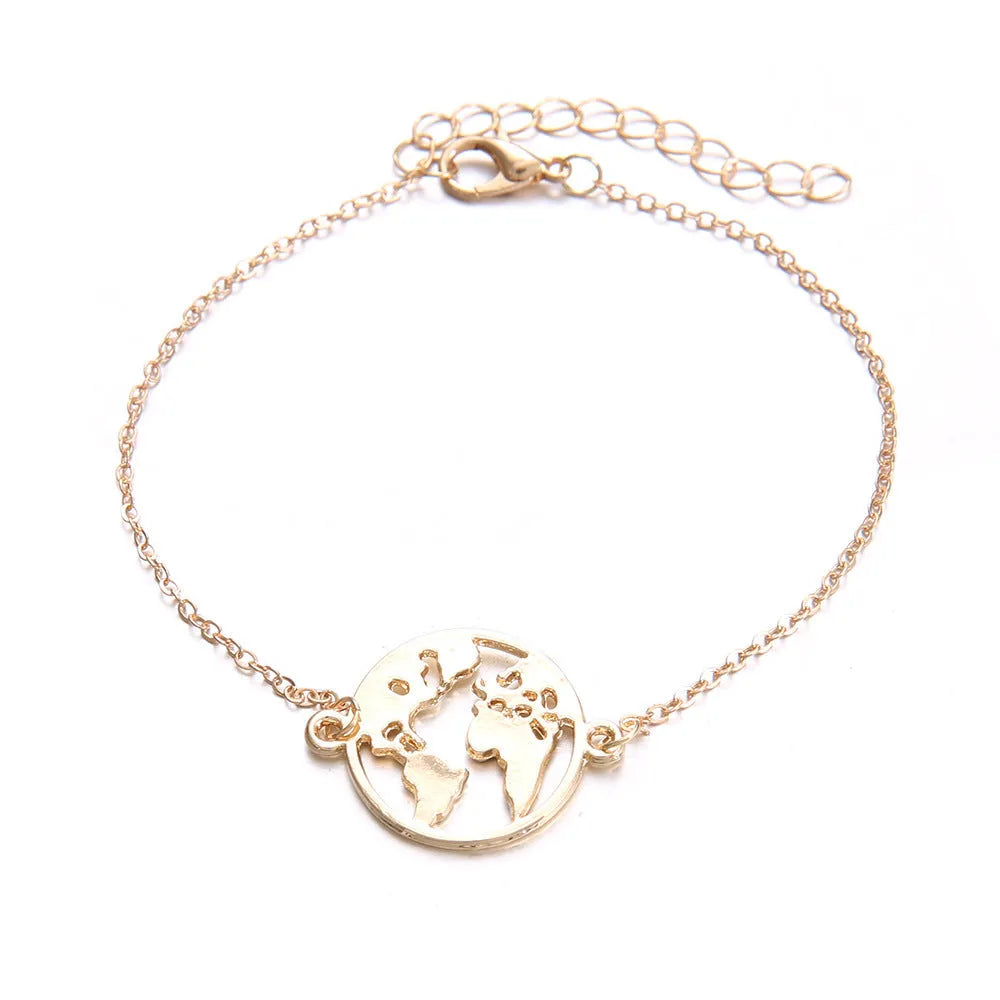 Three bohemian-style bracelets with aircraft map heart charms in electroplated alloy