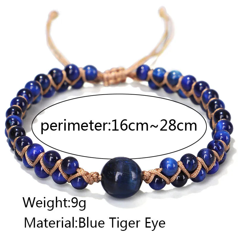 Close-up of a handmade woven bracelet with geometric tiger eye beads on an adjustable band.
