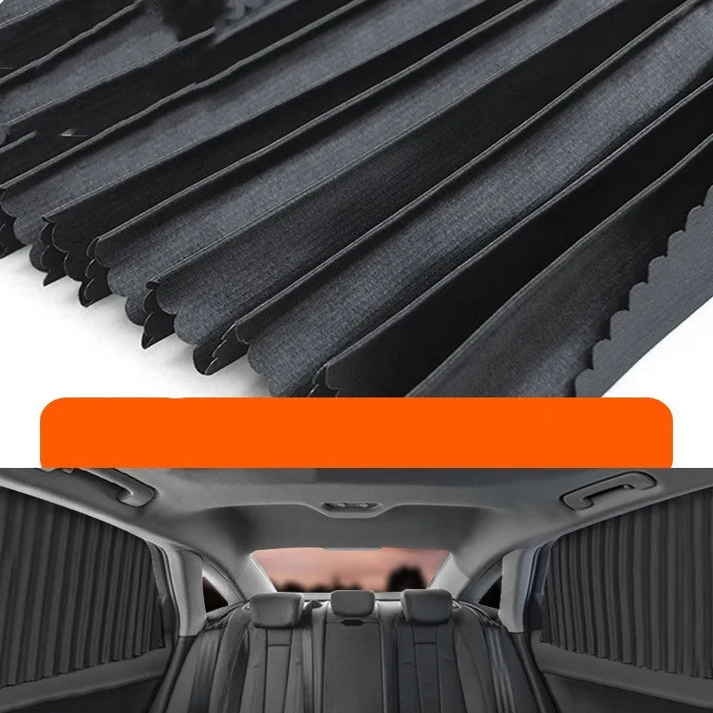 Retractable car sunshade curtain with roller shutter mechanism in thick opaque cloth material