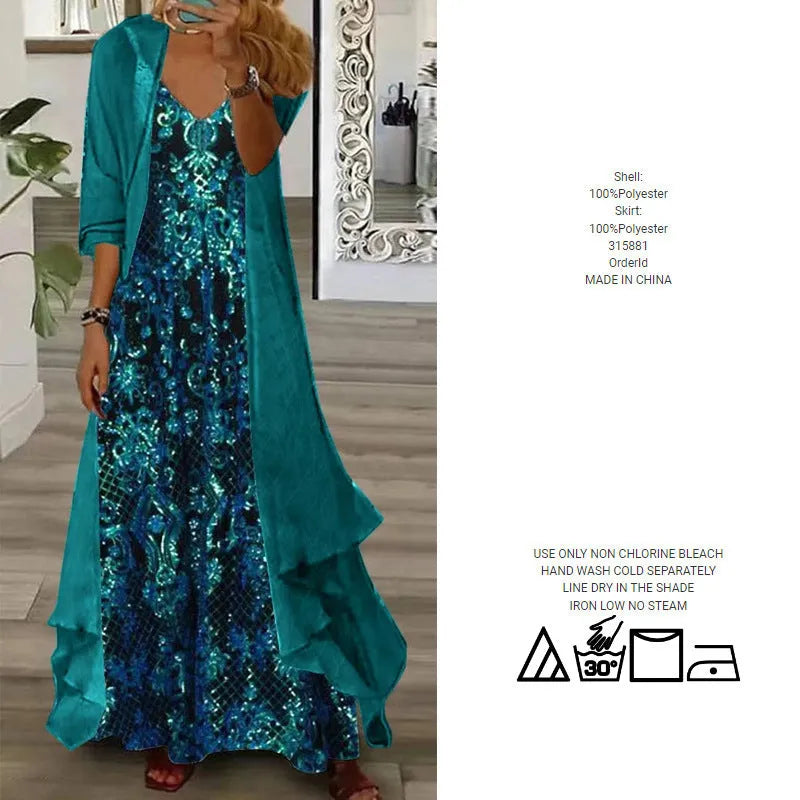 Plus size women's blue dress set with V-neck top, lining, long skirt, and crocheted flowers on polyester fabric