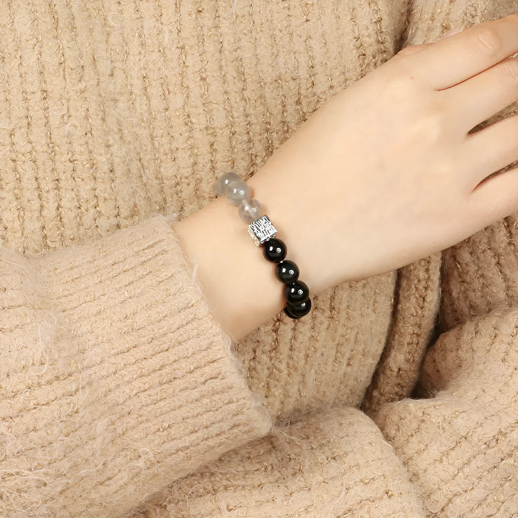 Men and women couple crystal bracelet with Chinese geometric design in khaki colour