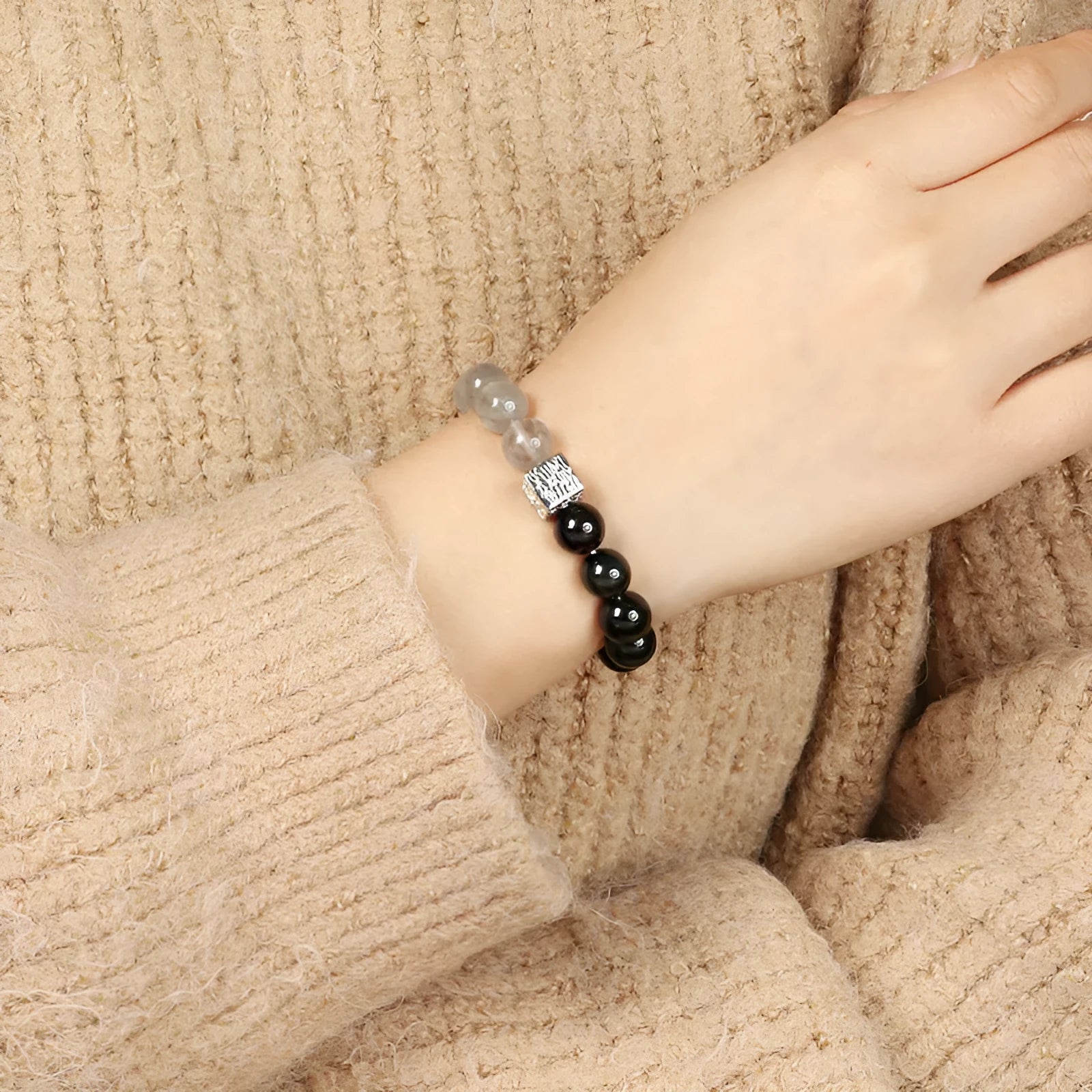 Men and women couple crystal bracelet with Chinese geometric design in khaki colour