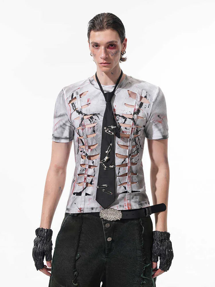 White men's cotton T-shirt with cut hollow-out design and short sleeves showing fitted silhouette