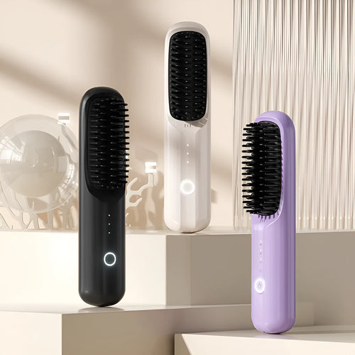 Wireless anion hair straightening comb in beige, black, pink or purple colours