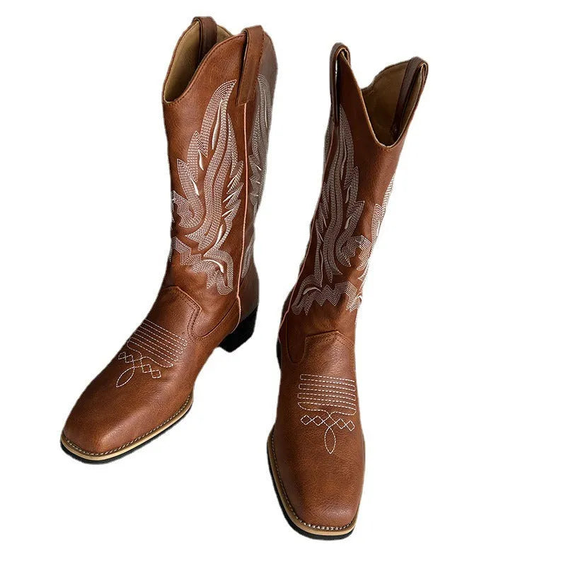 Brown women's mid-calf embroidered Martin boots with leather lining and square heel