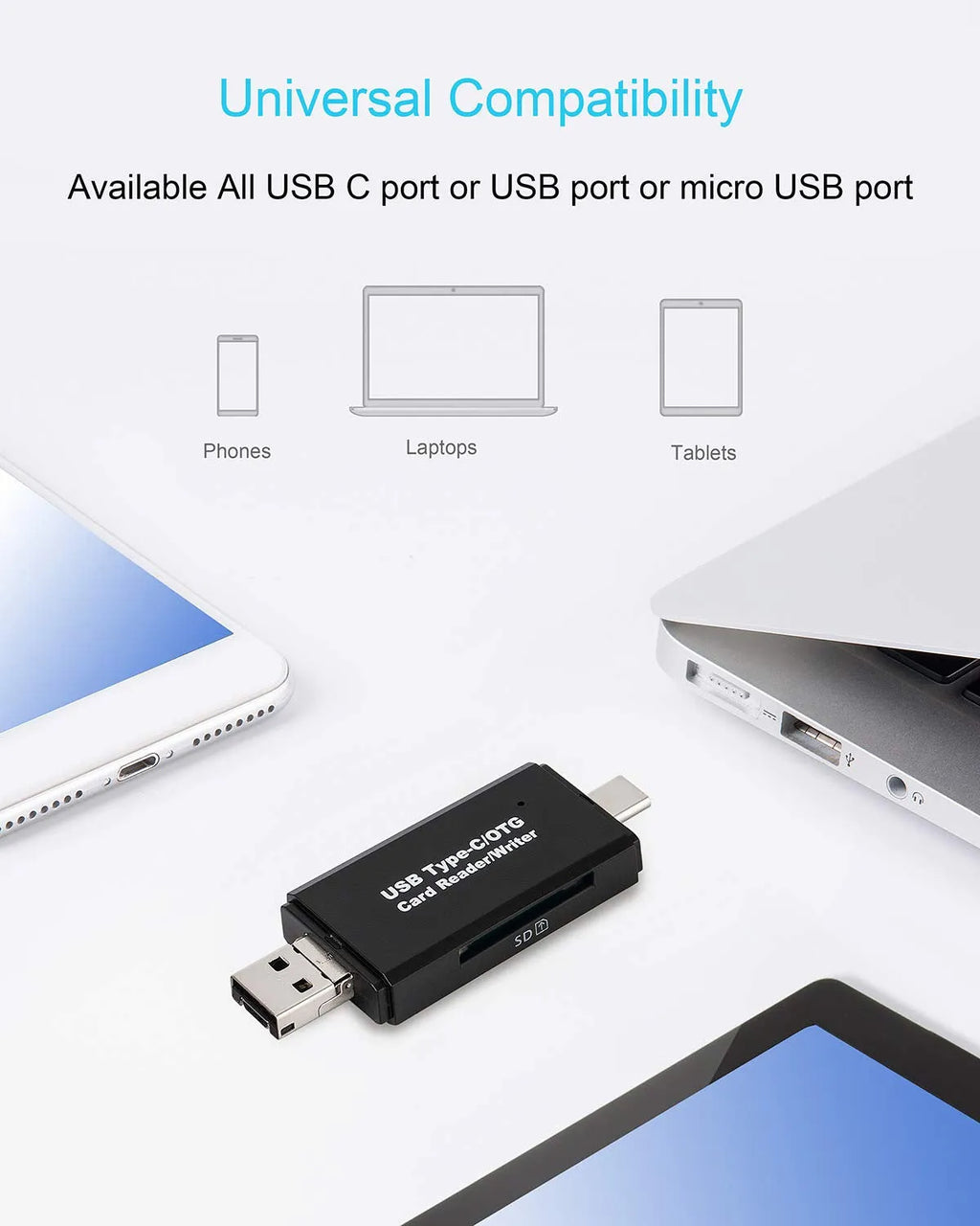 Black USB 3.0 card reader with USB-C connector for SD and TF memory cards