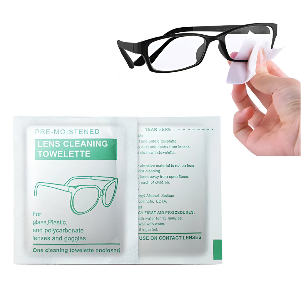 100 individually packaged white quick-drying anti-fog cleaning wipes for lenses and screens.
