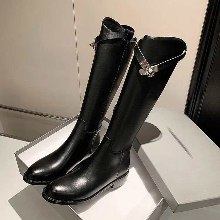 First layer cowhide below the knee boots with low heel and back zipper in black