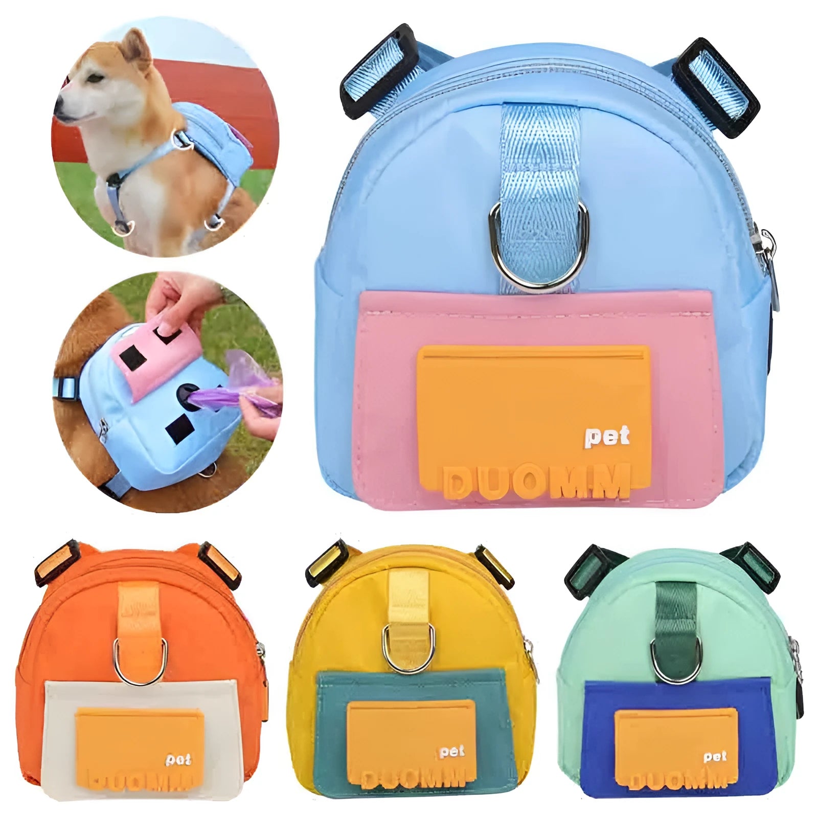 Adjustable dog backpack with storage compartments in blue colour showing harness straps and mesh panels