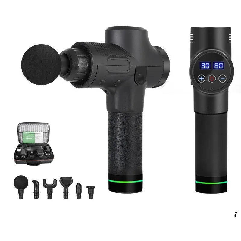 Portable mini massage gun with LED screen showing gear setting, black colour, on white background