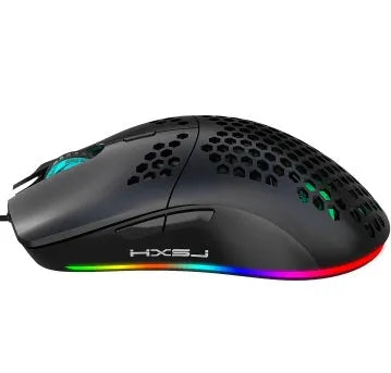 J900 honeycomb shell wired gaming mouse with USB cable in black colour, top view showing six buttons and RGB lighting